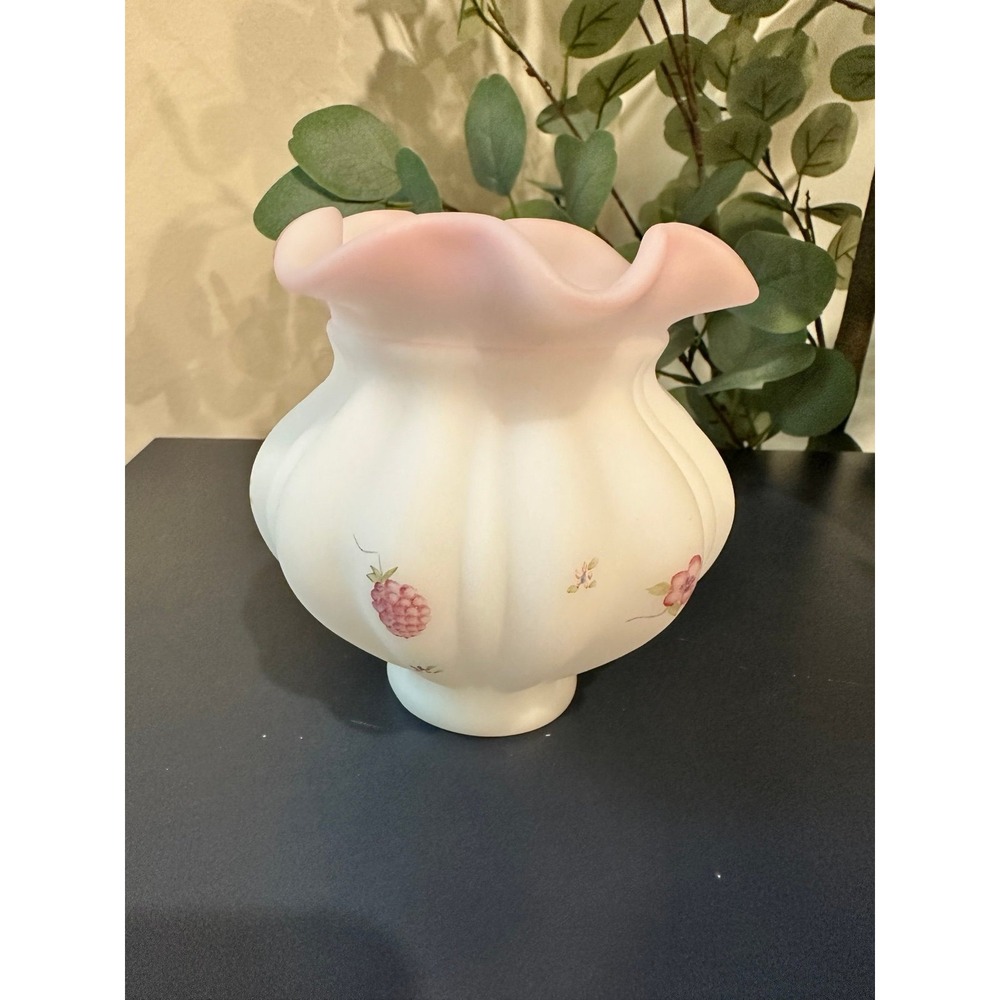 Vintage Fenton Opal Satin Floral & Berries Vase Hand Painted Signed CottageCore